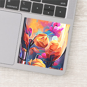 Floral Abstract Art Orange Red Blue Flowers Sticker