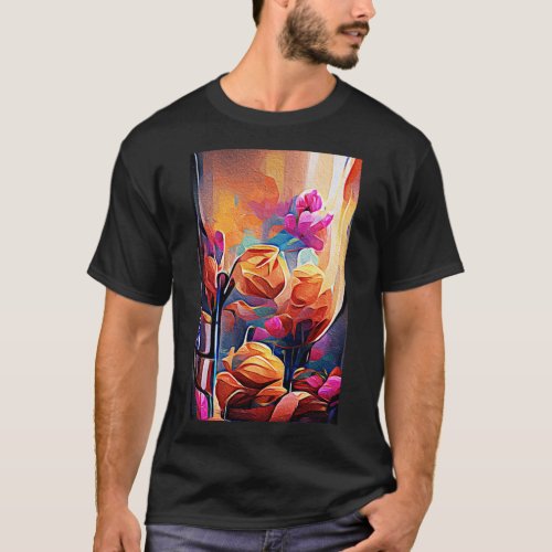 Floral Abstract Art Orange Red Blue Flowers T_Shirt