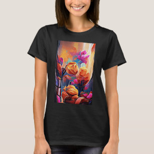 Floral Abstract Art Orange Red Blue Flowers T-Shirt