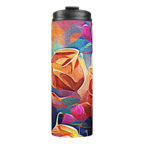 Floral Abstract Art Orange Red Blue Flowers Thermal Tumbler