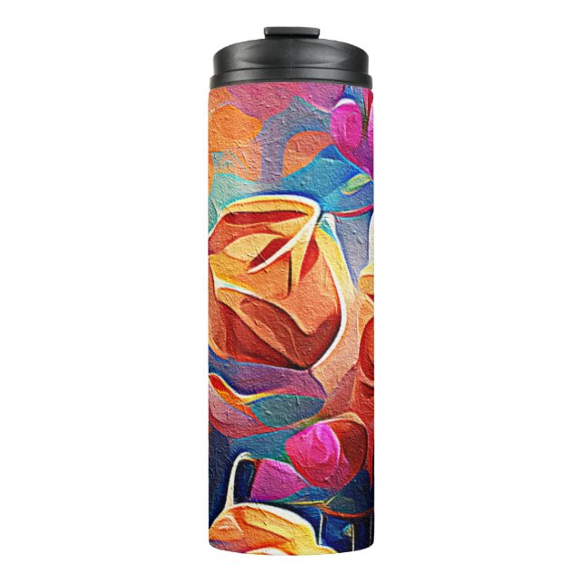 Floral Abstract Art Orange Red Blue Flowers Thermal Tumbler (Front)