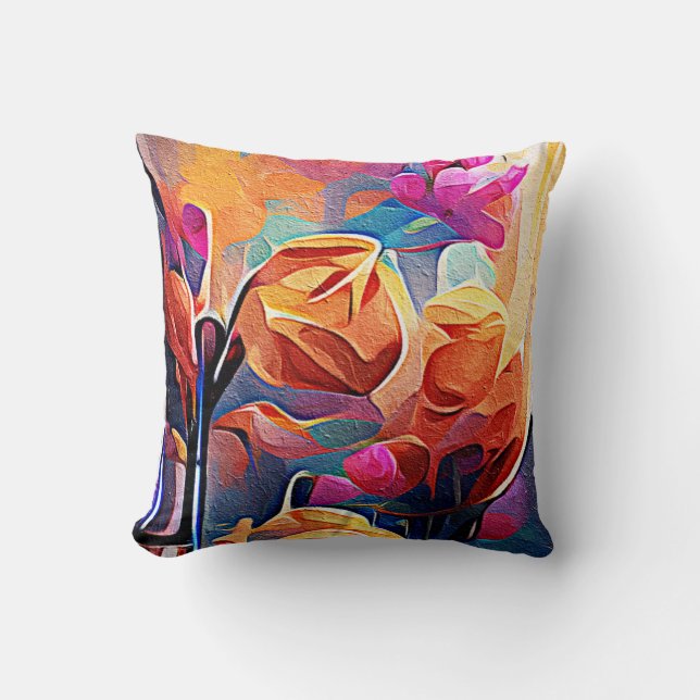 Floral Abstract Art Orange Red Blue Flowers Throw Pillow (Front)