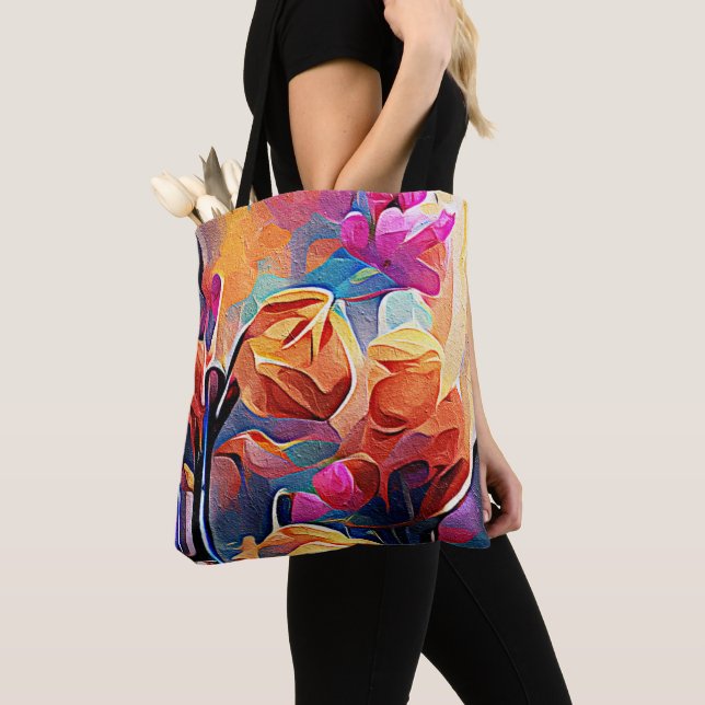Floral Abstract Art Orange Red Blue Flowers Tote Bag (Close Up)