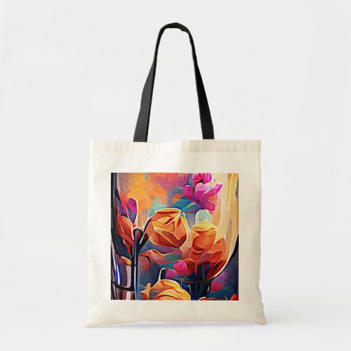 Floral Abstract Art Orange Red Blue Flowers Tote Bag