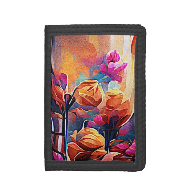 Floral Abstract Art Orange Red Blue Flowers Trifold Wallet (Front Vertical)