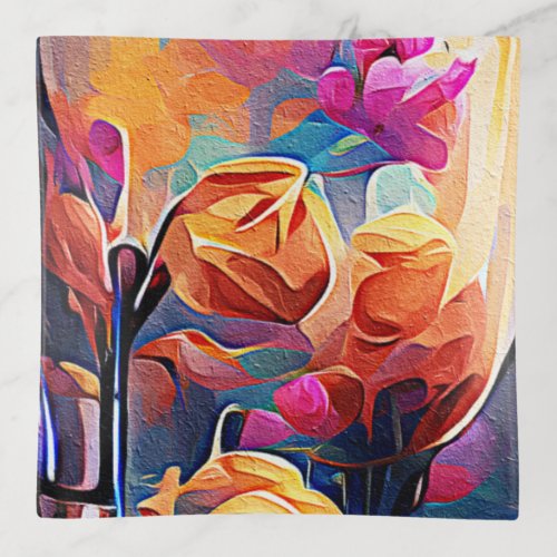 Floral Abstract Art Orange Red Blue Flowers Trinket Tray