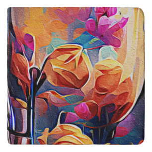 Floral Abstract Art Orange Red Blue Flowers Trivet