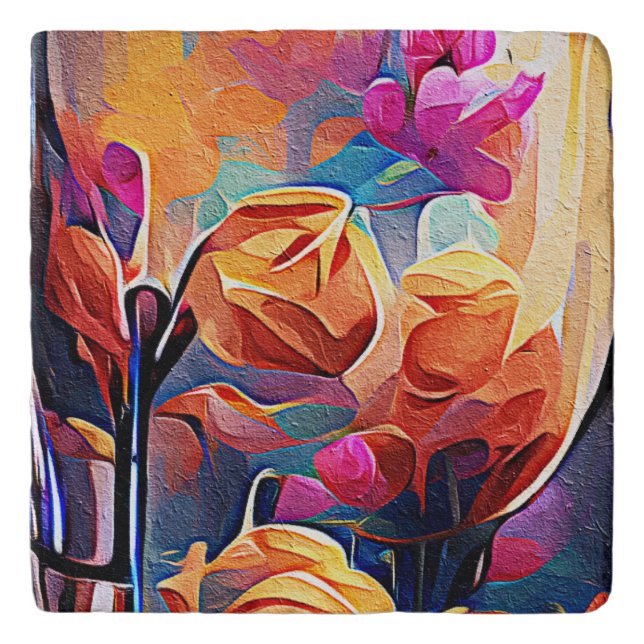 Floral Abstract Art Orange Red Blue Flowers Trivet (Front)
