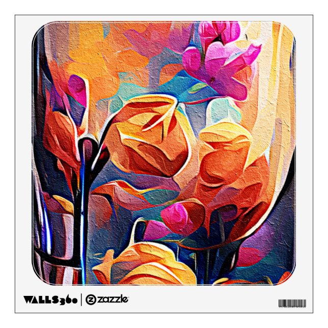 Floral Abstract Art Orange Red Blue Flowers Wall Decal (Front)