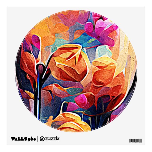 Floral Abstract Art Orange Red Blue Flowers Wall Decal (Front)