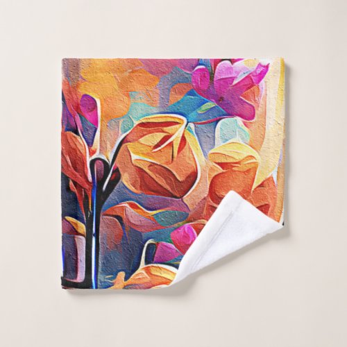 Floral Abstract Art Orange Red Blue Flowers Wash Cloth