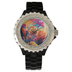 Floral Abstract Art Orange Red Blue Flowers Watch