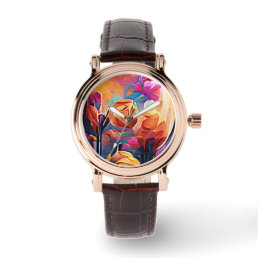 Floral Abstract Art Orange Red Blue Flowers Watch