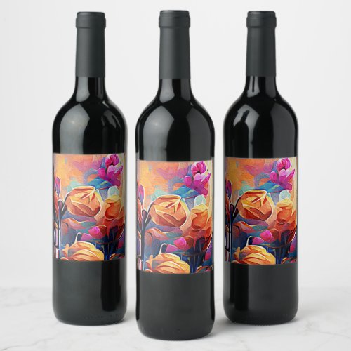 Floral Abstract Art Orange Red Blue Flowers Wine Label