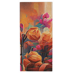 Floral Abstract Art Orange Red Blue Flowers Wood Flash Drive