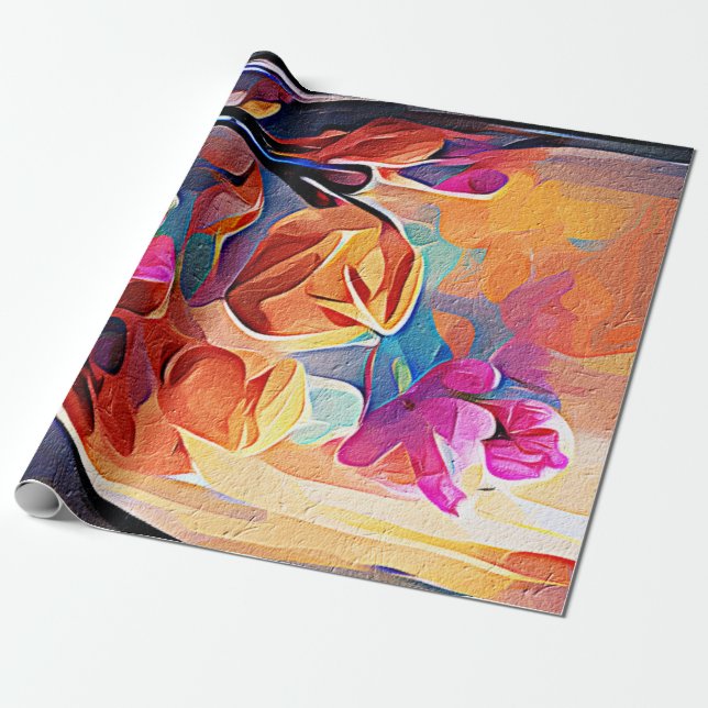 Floral Abstract Art Orange Red Blue Flowers Wrapping Paper (Unrolled)