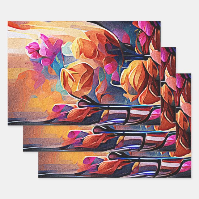 Floral Abstract Art Orange Red Blue Flowers Wrapping Paper Sheets (Set)