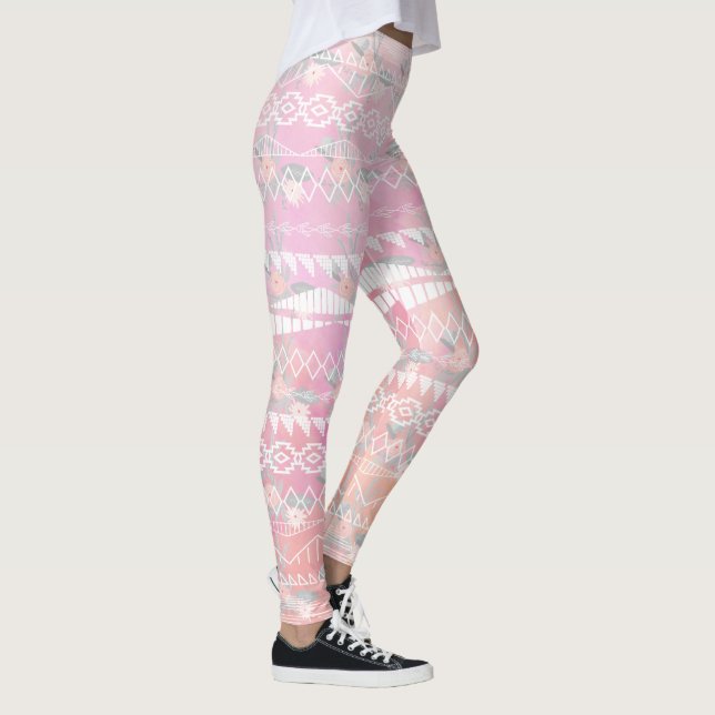 Floral Abstract Aztec Tribal Coral Pink Pattern Leggings (Right)