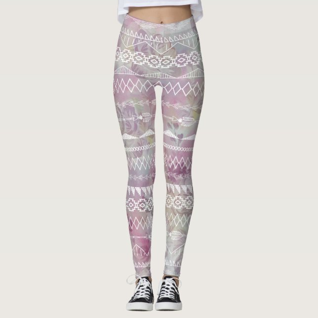 Floral Abstract Aztec Tribal Purple Pink Pattern Leggings (Front)