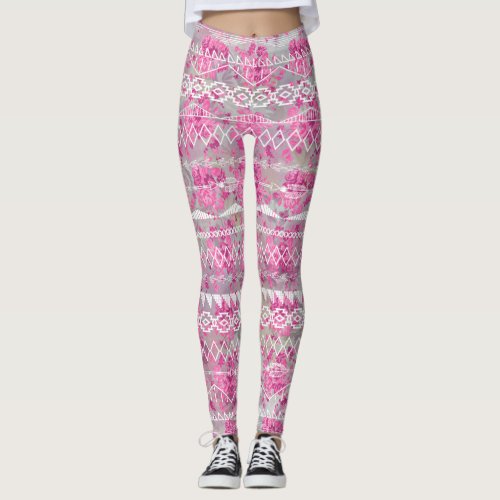 Floral Abstract Aztec Tribal Purple Pink Pattern Leggings