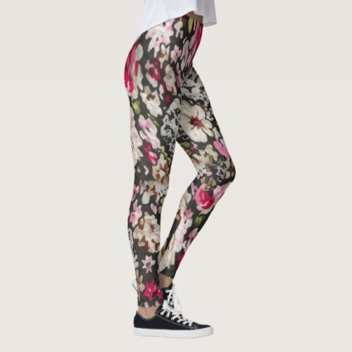 Floral Abstract Black and Pink Pattern Design Leggings