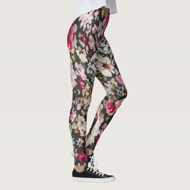 Floral Abstract Black and Pink Pattern Design Leggings (Right)