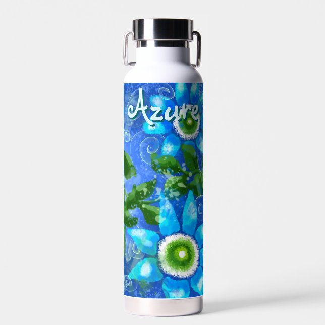 Floral Abstract Blue Green Flowers Personalized Water Bottle (Front)