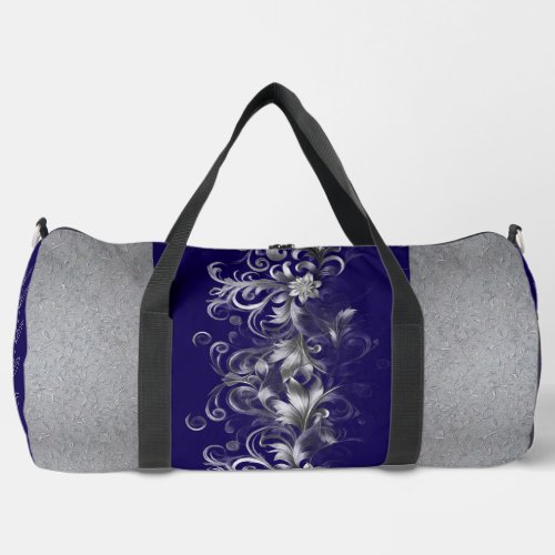 Floral Abstract Blue & Grey Personalized Duffle Bag