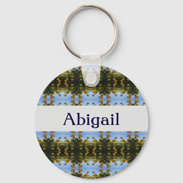 Floral Abstract Bright Yellow Blue Stripes Keychain (Front)