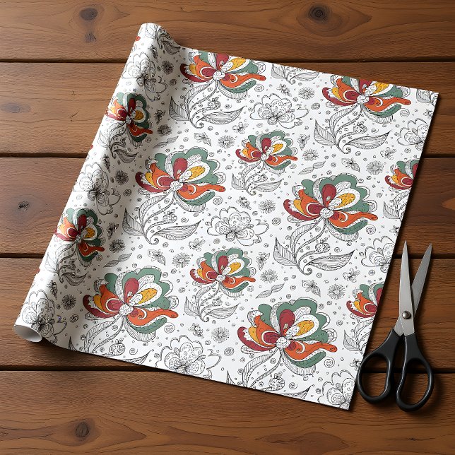 Floral Abstract Doodle Art Style Green Red Yellow  Wrapping Paper (Creator Uploaded)