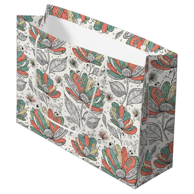 Floral Abstract Doodle Art Style Peach Green Beige Large Gift Bag (Front Angled)