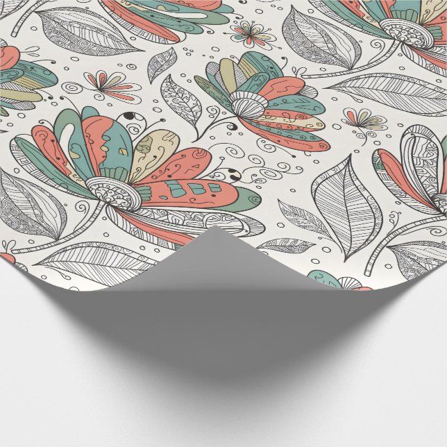 Floral Abstract Doodle Art Style Peach Green Beige Wrapping Paper (Corner)