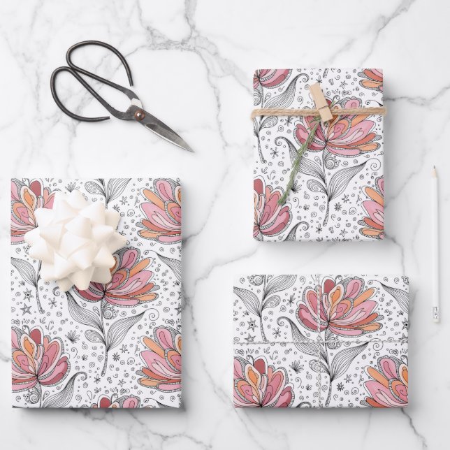 Floral Abstract Doodle Art Style Pink Peach Wrapping Paper Sheets (Front)