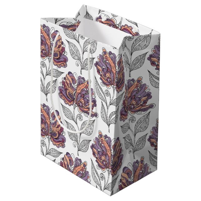 Floral Abstract Doodle Art Style Pink Purple Medium Gift Bag (Back Angled)