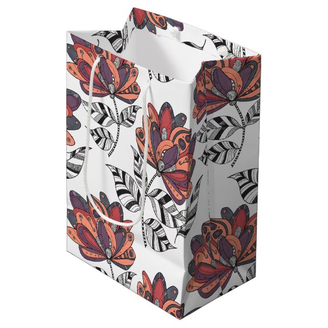 Floral Abstract Doodle Art Style Purple Rust Peach Medium Gift Bag (Front Angled)