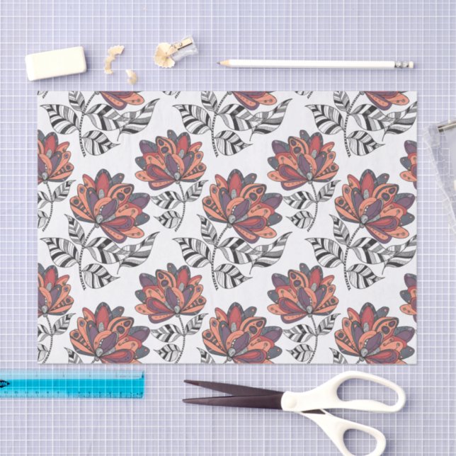 Floral Abstract Doodle Art Style Purple Rust Peach Tissue Paper (Craft)