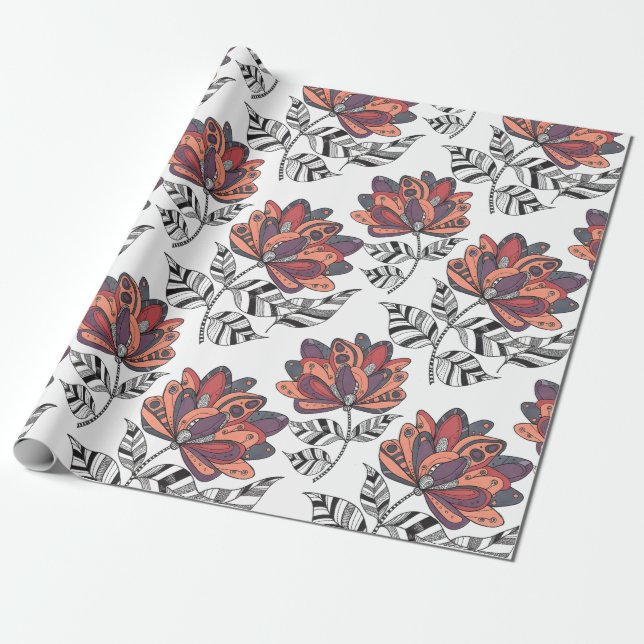 Floral Abstract Doodle Art Style Purple Rust Peach Wrapping Paper (Unrolled)