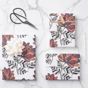 Floral Abstract Doodle Art Style Purple Rust Peach Wrapping Paper Sheets