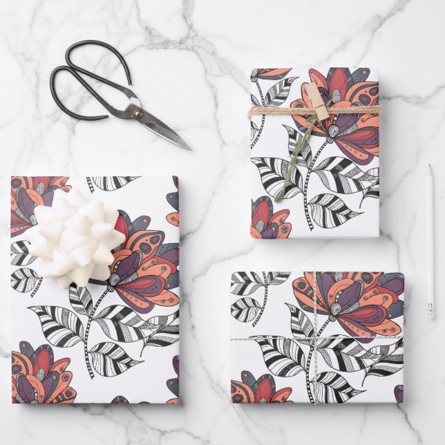 Floral Abstract Doodle Art Style Purple Rust Peach Wrapping Paper Sheets (Front)