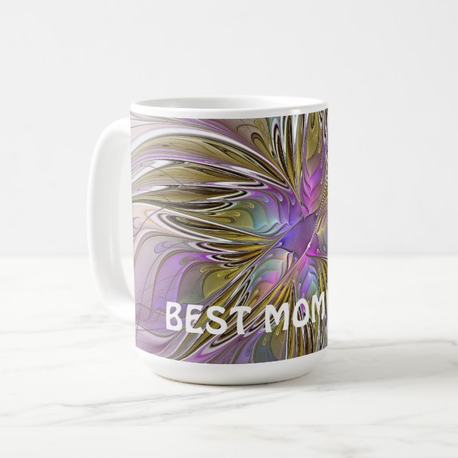 Floral Abstract Fractal With Pink & Gold Best Mom Coffee Mug (Front Left)