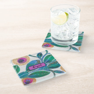 Floral abstract jungle watercolour, your name glass coaster