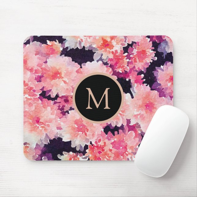 Floral abstract monogram pink watercolor mouse pad (With Mouse)