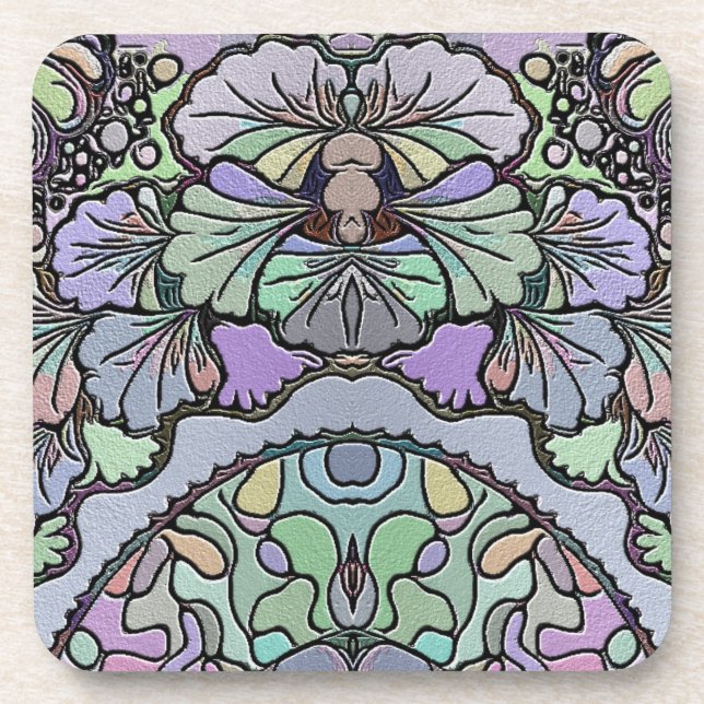 Floral abstract purple pansy mosaic pattern beverage coaster (Front)