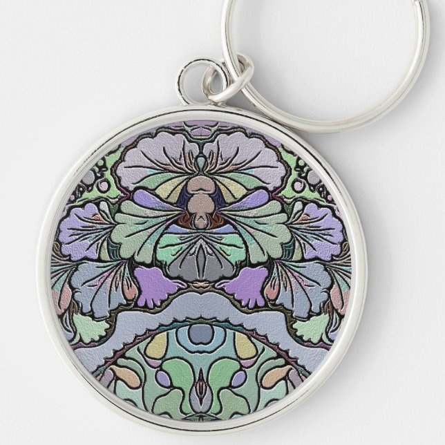 Floral abstract purple pansy mosaic pattern keychain (Front)