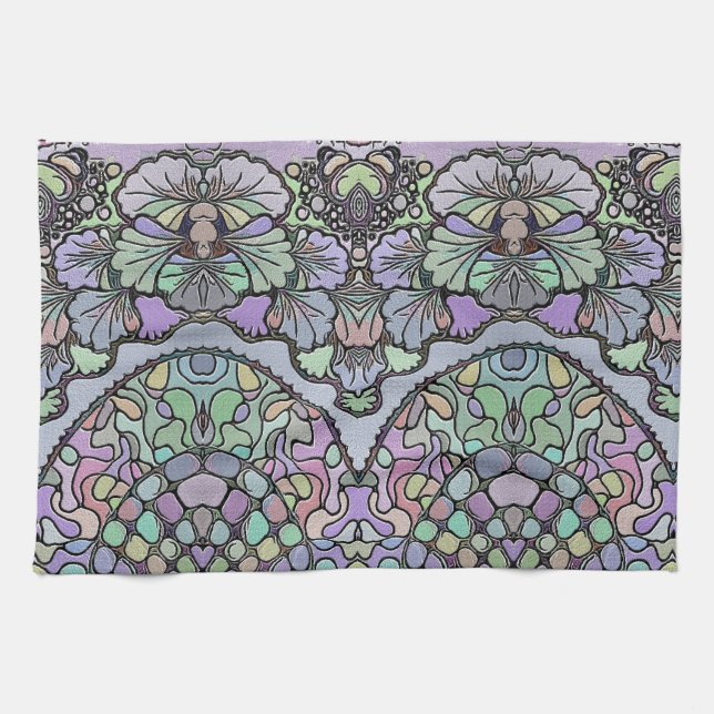 Floral abstract purple pansy mosaic pattern kitchen towel (Horizontal)