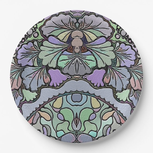 Floral abstract purple pansy mosaic pattern paper plates (Front)