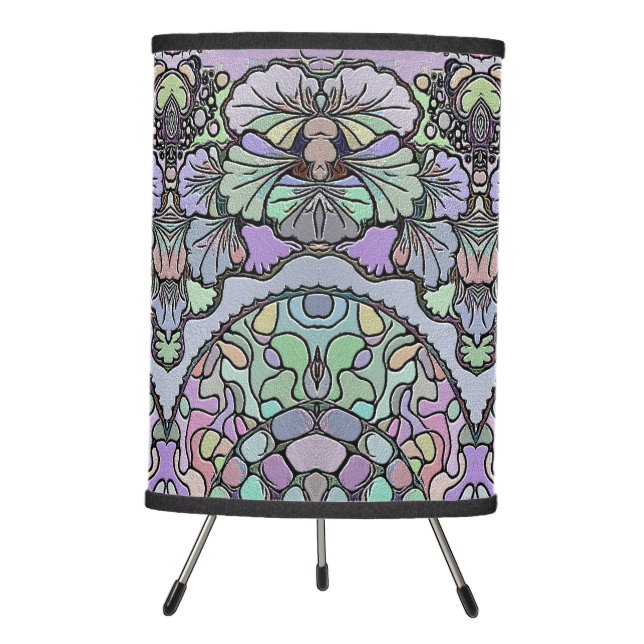 Floral abstract purple pansy mosaic pattern tripod lamp (Front)