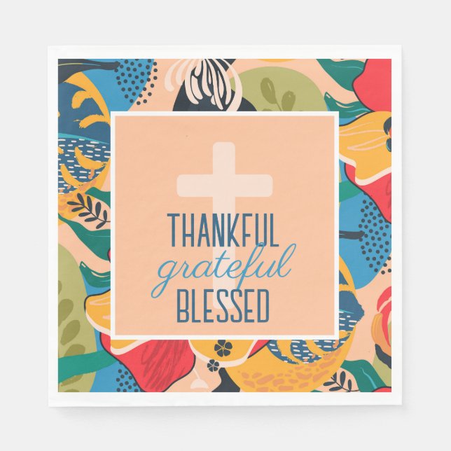 Floral Abstract Thankful Grateful Blessed Napkins (Front)
