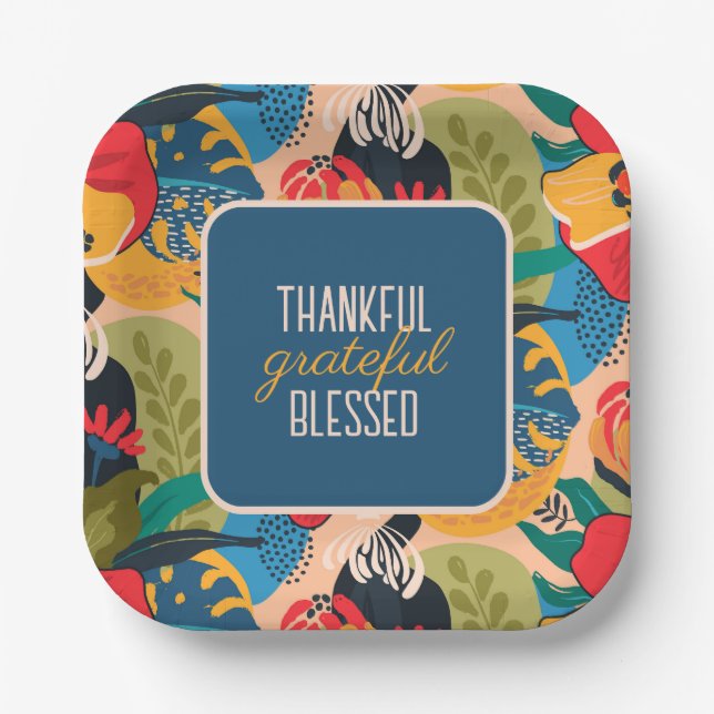 Floral Abstract Thankful Grateful Blessed Paper Plates (Front)