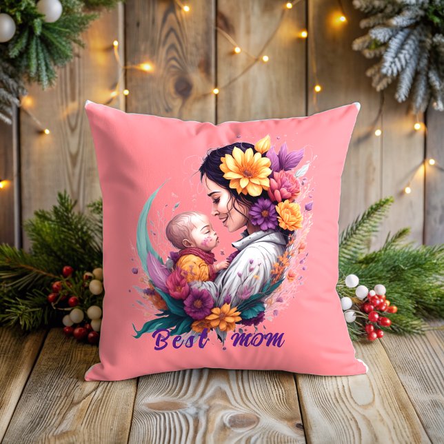 Floral abstract vintage Best mom Throw Pillow (Creator Uploaded)